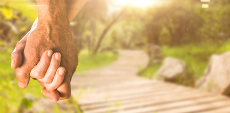 Happy senior couple holding hands against wooden trail across countrysideの写真素材