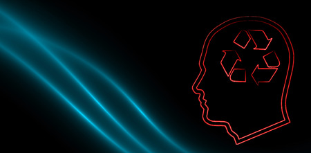 Recycling sign in human head against blue glowing wave on black