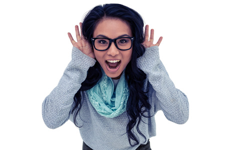 Asian woman shouting to the camera on white screen