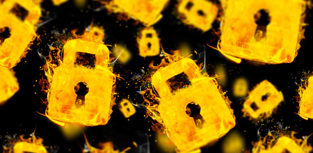 Padlock on fire against black