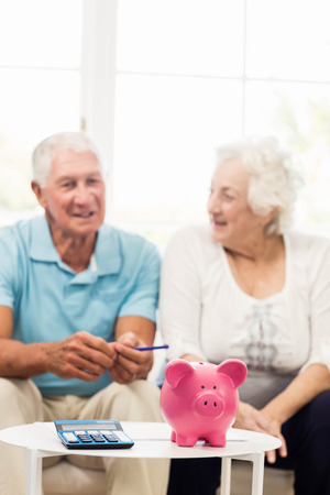 Senior couple saving money at homeの写真素材