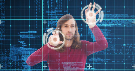 Creative businessman gesturing in office against blue data