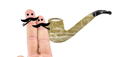 Two fingers with mustache against pipeの写真素材