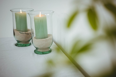 View of candles on a tableの写真素材