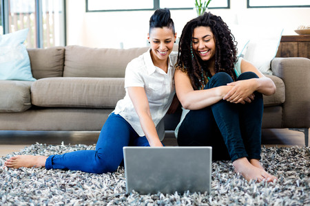 Smiling lesbian couple sitting on rug and using laptop in living roomの写真素材