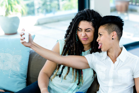 Lesbian couple taking a selfie on phone in living roomの写真素材