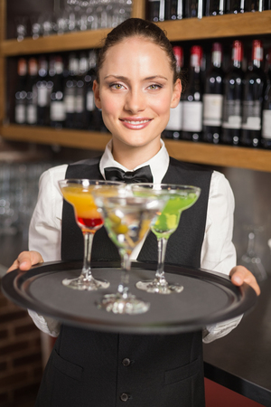 Beautiful barmaid serving cocktails in a barの写真素材