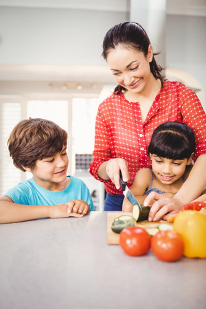 Happy children looking at mother chopping vegetables by table in houseの写真素材