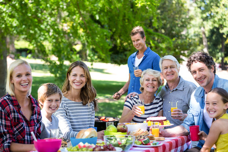 Family and friends having a picnic with barbecue in a parkの写真素材
