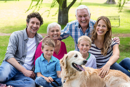 Family with dog in the park on a sunny dayの写真素材