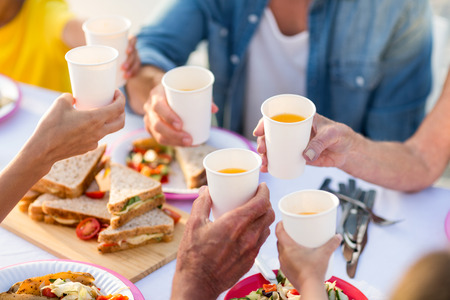 Family having a picnic and toasting at the beachの写真素材