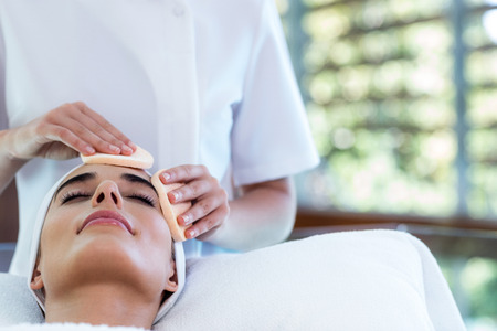 Masseuse cleaning woman face with cotton swabs at spaの写真素材