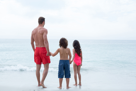 Rear view of father with children standing at beachの写真素材