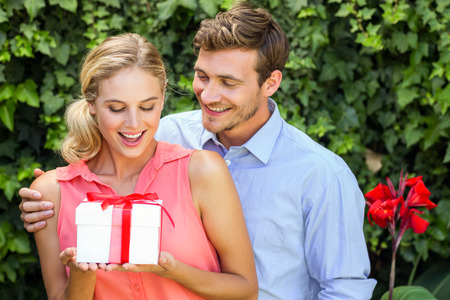 Romantic man giving gift to surprised woman at front yardの写真素材