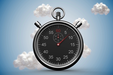 Digital composite of Stopwatch with clouds on blue backgroundの写真素材