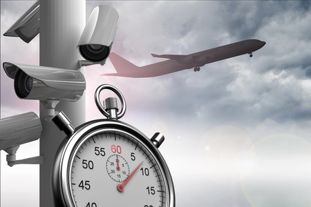 Digital composite of Airplane flying over CCTV camerasの写真素材