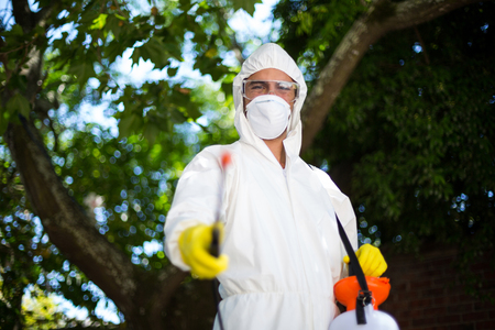 Man spraying insecticide while standing against tree in lawnの写真素材