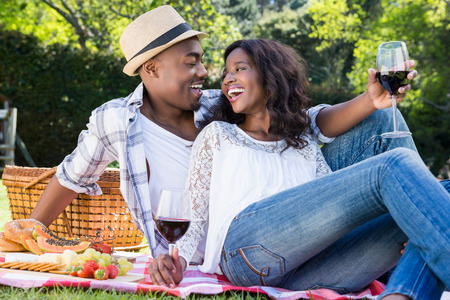 Young couple having a picnic in the park on a sunny dayの写真素材