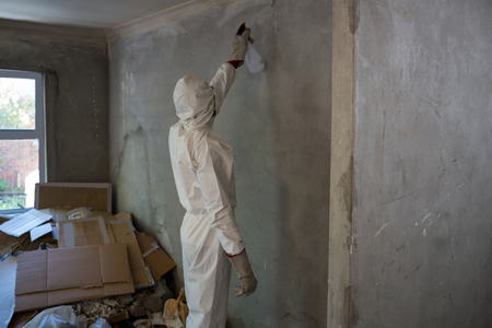 Man doing pest control on a wall at homeの写真素材