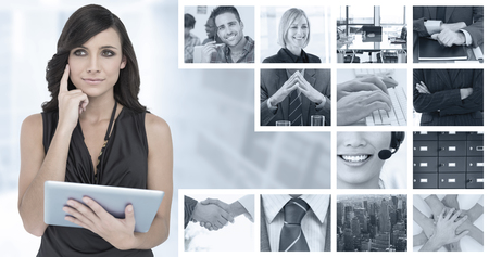Thoughtful elegant brown haired model holding tablet against composite image of shaking hands over eye glasses and diary after business meetingの写真素材