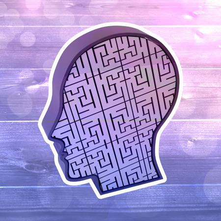 Maze brain in head against bleached wooden planks background