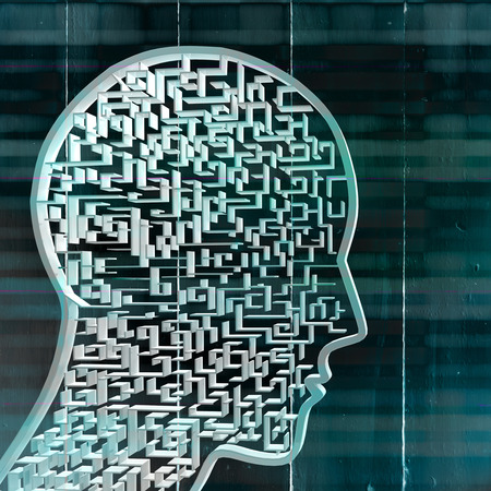 Maze brain in head against painted blue wooden planksの写真素材