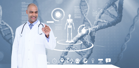 Smiling male doctor touching invisible screen against view of dnaの写真素材