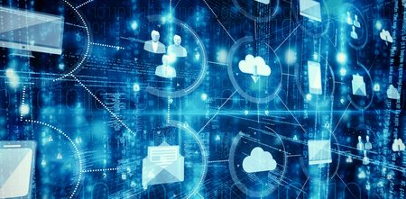 Illustration of virtual data against illuminated various icons Digital image of illuminated various...
