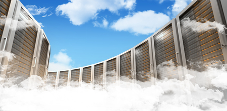 Server towers against blue skyの写真素材