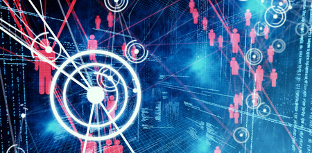 Illustration of virtual data against futuristic black background with figures