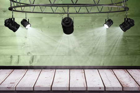 Spotlights against overhead of wooden planksの写真素材