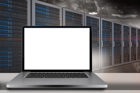 A large screen of a computer against a large room where are standing the servers