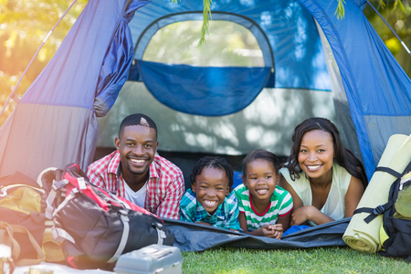 Happy family posing together at parkの写真素材