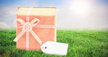 label against blue sky with white cloudsの写真素材