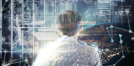 wear view of businessman looking across window  against image of a earth