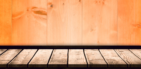 A WHITE WALL WITH PARQUET against wooden background in yellowの写真素材