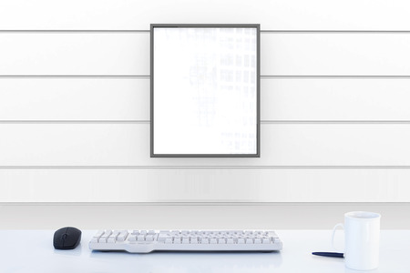 desk  against display in white roomの写真素材