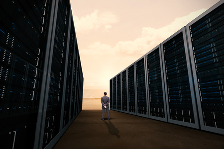 Rear view of classy businessman posing against a beautiful  on a beachの写真素材