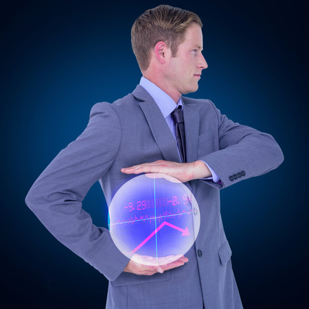 Handsome businessman gesturing with hands against stocks and sharesの写真素材