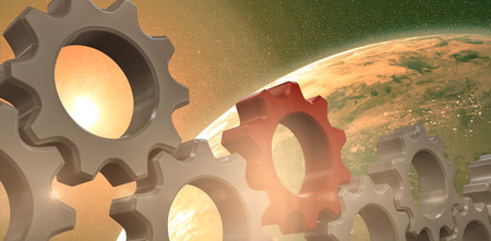 Red and white cogs and wheels against aerial view of the earthの写真素材