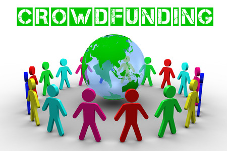 The word crowdfunding against human figures surround earth