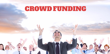 The word crowdfunding against white background against composite image of happy businessman with...