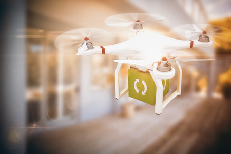 Digital image of a drone holding a cube against stylish outdoor patio area