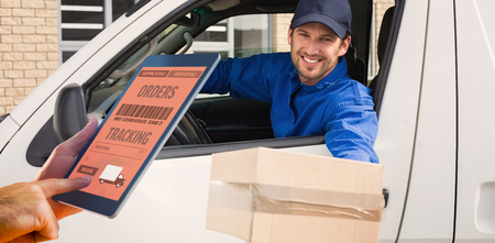 Man using tablet pc against delivery driver offering parcel from his vanの写真素材