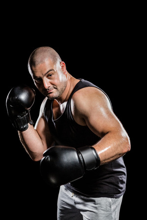 Boxer performing boxing stance on black backgroundの写真素材