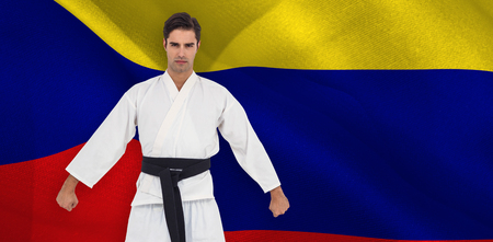 Male karate player posing on white background against digitally generated colombia national flagの写真素材