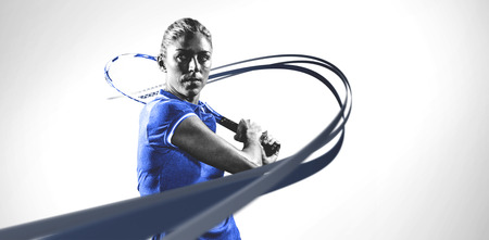 Tennis player playing tennis with a racket against white background with vignette