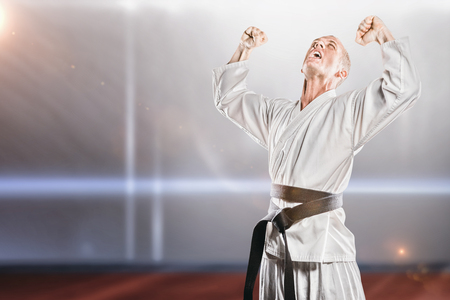 Fighter posing after victory against composite image of playing field indoorの写真素材