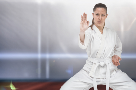 Female fighter performing karate stance against composite image of playing field indoorの写真素材
