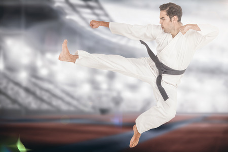 Fighter performing karate stance against composite image of american stadiumの写真素材